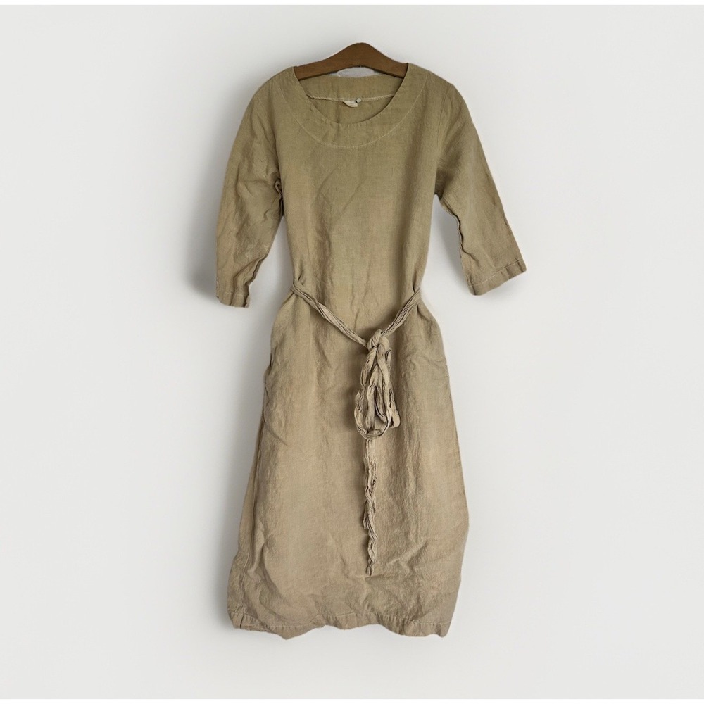 Len OK Linen Lagenlook Long Shift Dress Wrap Around Belt Pockets Khaki Beige S